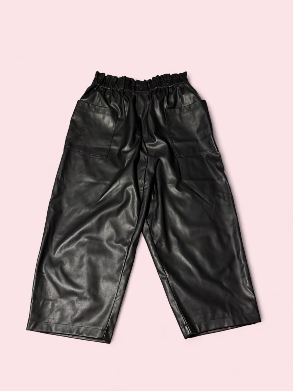 Black Faux Leather Wide-Leg Pants with Patch Pockets
